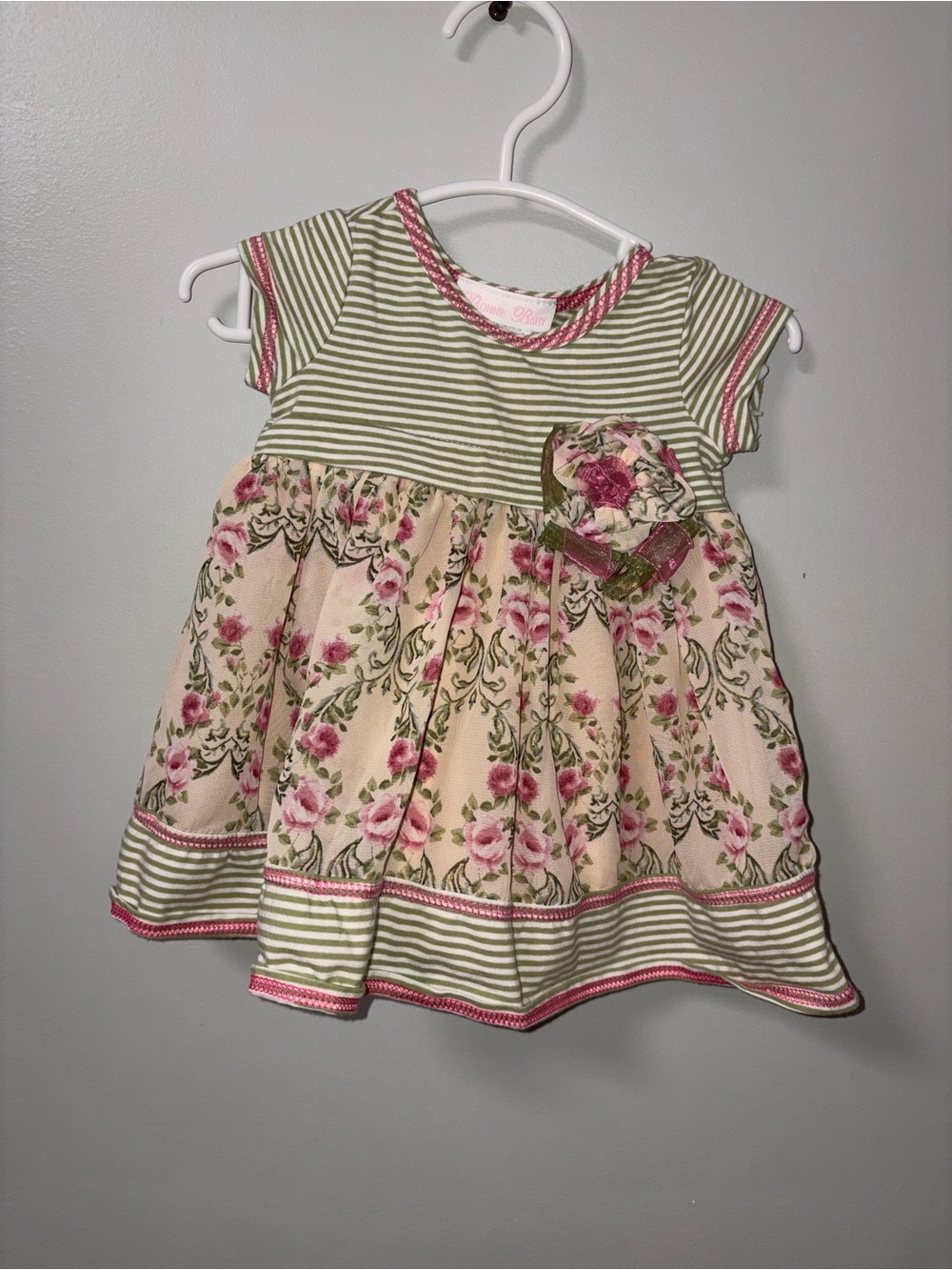Bonnie Baby Green Cream Pink Floral Striped Short Sleeve Dress 3-6M